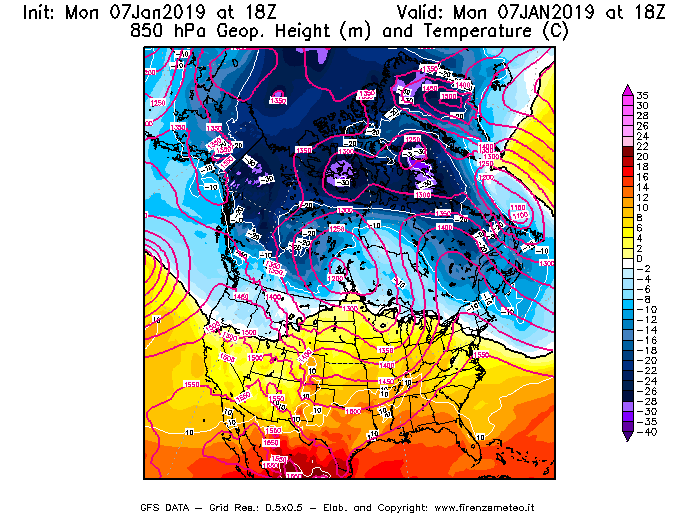 Mappa di analisi GFS - Geopotenziale [m] e Temperatura [°C] a 850 hPa in Nord-America
							del 07/01/2019 18 <!--googleoff: index-->UTC<!--googleon: index-->