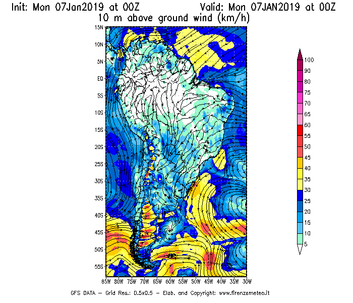 Mappa di analisi GFS - Velocità del vento a 10 metri dal suolo [km/h] in Sud-America
							del 07/01/2019 00 <!--googleoff: index-->UTC<!--googleon: index-->