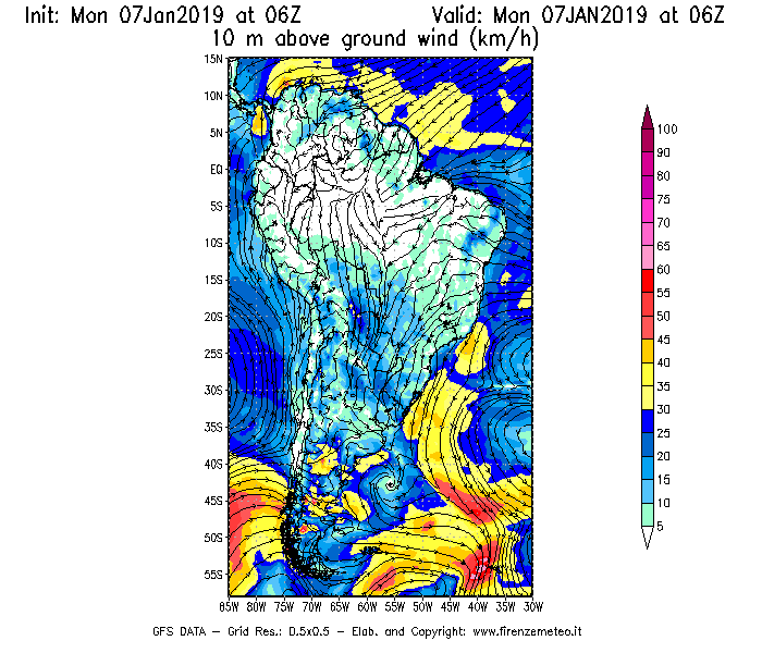 Mappa di analisi GFS - Velocità del vento a 10 metri dal suolo [km/h] in Sud-America
							del 07/01/2019 06 <!--googleoff: index-->UTC<!--googleon: index-->