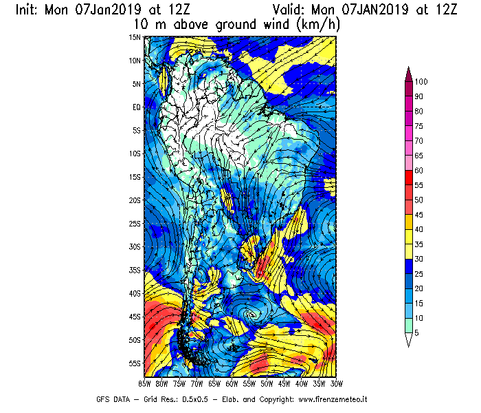 Mappa di analisi GFS - Velocità del vento a 10 metri dal suolo [km/h] in Sud-America
							del 07/01/2019 12 <!--googleoff: index-->UTC<!--googleon: index-->