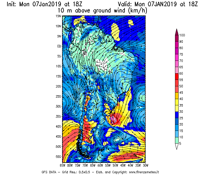 Mappa di analisi GFS - Velocità del vento a 10 metri dal suolo [km/h] in Sud-America
							del 07/01/2019 18 <!--googleoff: index-->UTC<!--googleon: index-->