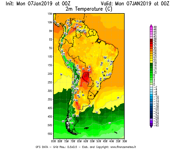 Mappa di analisi GFS - Temperatura a 2 metri dal suolo [°C] in Sud-America
							del 07/01/2019 00 <!--googleoff: index-->UTC<!--googleon: index-->