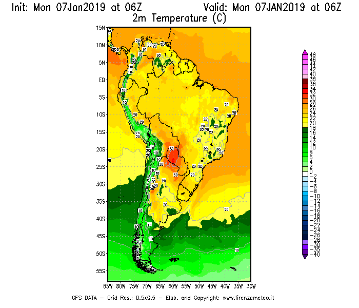 Mappa di analisi GFS - Temperatura a 2 metri dal suolo [°C] in Sud-America
							del 07/01/2019 06 <!--googleoff: index-->UTC<!--googleon: index-->