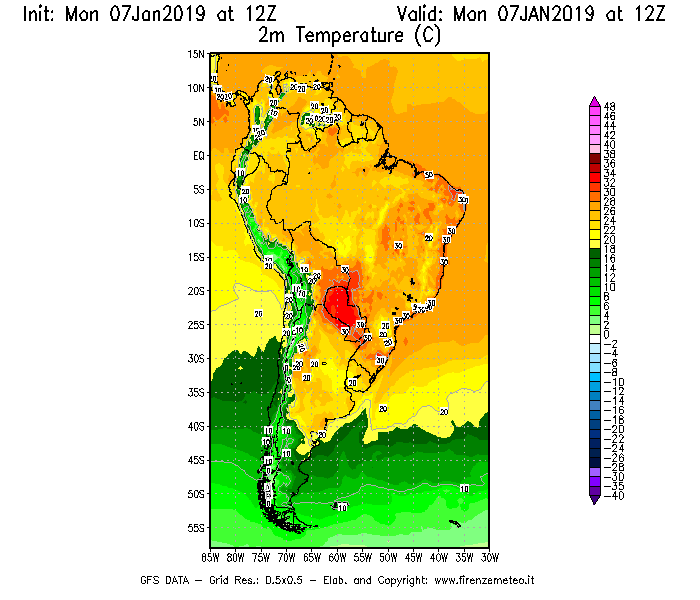 Mappa di analisi GFS - Temperatura a 2 metri dal suolo [°C] in Sud-America
							del 07/01/2019 12 <!--googleoff: index-->UTC<!--googleon: index-->