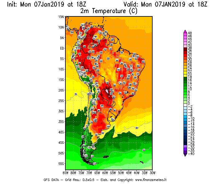 Mappa di analisi GFS - Temperatura a 2 metri dal suolo [°C] in Sud-America
							del 07/01/2019 18 <!--googleoff: index-->UTC<!--googleon: index-->