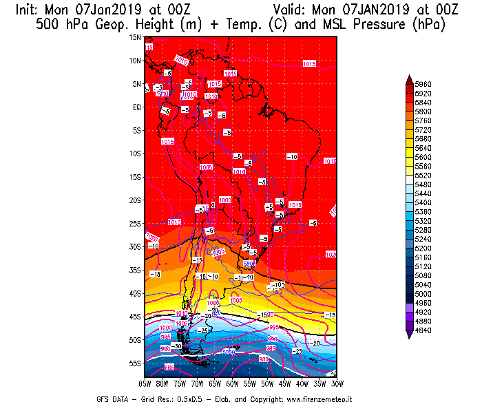 Mappa di analisi GFS - Geopotenziale [m] + Temp. [°C] a 500 hPa + Press. a livello del mare [hPa] in Sud-America
							del 07/01/2019 00 <!--googleoff: index-->UTC<!--googleon: index-->