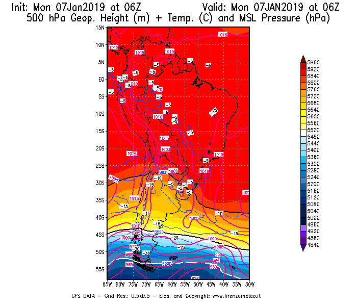 Mappa di analisi GFS - Geopotenziale [m] + Temp. [°C] a 500 hPa + Press. a livello del mare [hPa] in Sud-America
							del 07/01/2019 06 <!--googleoff: index-->UTC<!--googleon: index-->