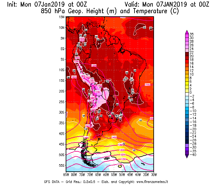 Mappa di analisi GFS - Geopotenziale [m] e Temperatura [°C] a 850 hPa in Sud-America
							del 07/01/2019 00 <!--googleoff: index-->UTC<!--googleon: index-->