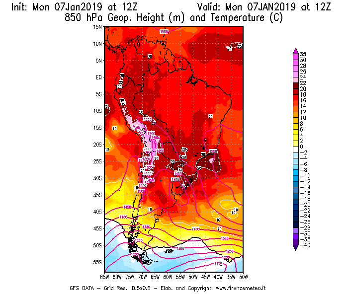 Mappa di analisi GFS - Geopotenziale [m] e Temperatura [°C] a 850 hPa in Sud-America
							del 07/01/2019 12 <!--googleoff: index-->UTC<!--googleon: index-->