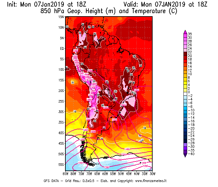 Mappa di analisi GFS - Geopotenziale [m] e Temperatura [°C] a 850 hPa in Sud-America
							del 07/01/2019 18 <!--googleoff: index-->UTC<!--googleon: index-->