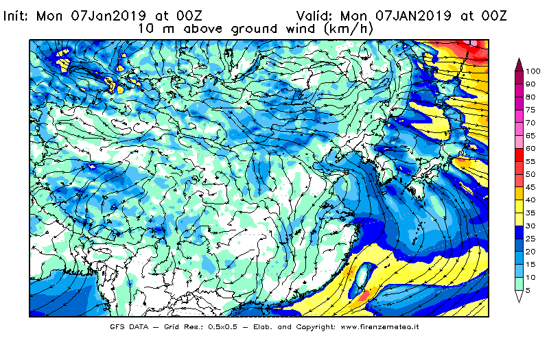 Mappa di analisi GFS - Velocità del vento a 10 metri dal suolo [km/h] in Asia Orientale
							del 07/01/2019 00 <!--googleoff: index-->UTC<!--googleon: index-->