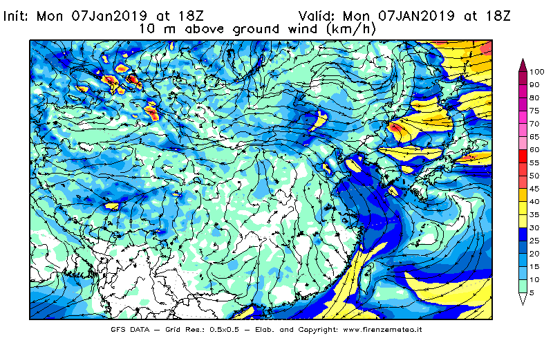 Mappa di analisi GFS - Velocità del vento a 10 metri dal suolo [km/h] in Asia Orientale
							del 07/01/2019 18 <!--googleoff: index-->UTC<!--googleon: index-->