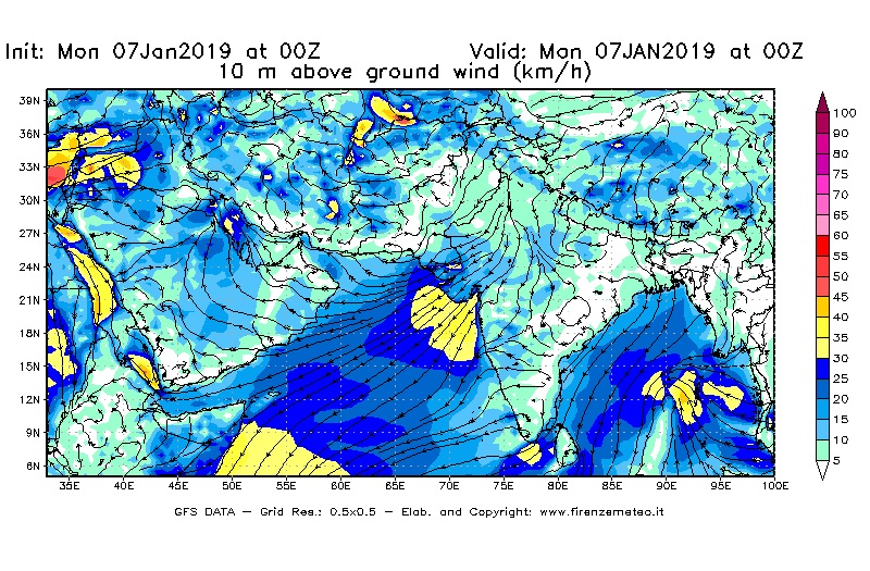 Mappa di analisi GFS - Velocità del vento a 10 metri dal suolo [km/h] in Asia Sud-Occidentale
							del 07/01/2019 00 <!--googleoff: index-->UTC<!--googleon: index-->