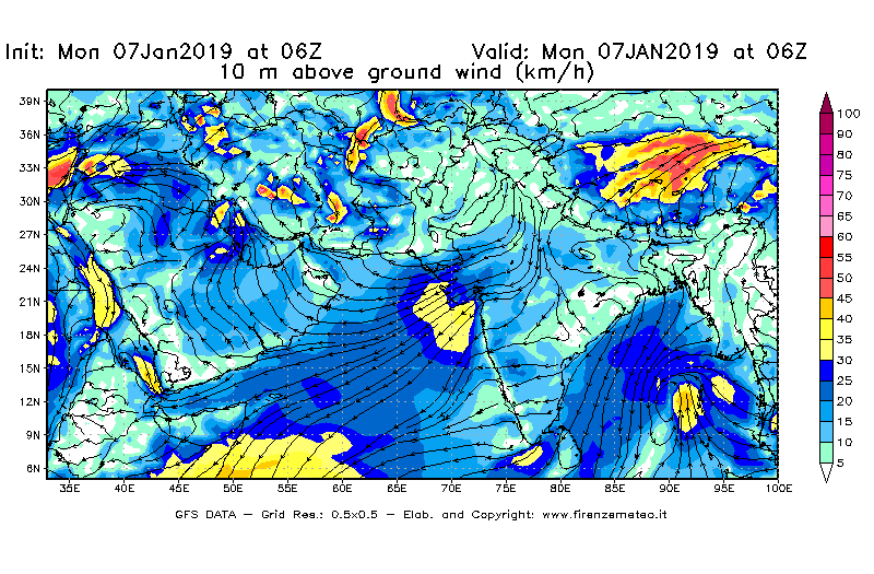 Mappa di analisi GFS - Velocità del vento a 10 metri dal suolo [km/h] in Asia Sud-Occidentale
							del 07/01/2019 06 <!--googleoff: index-->UTC<!--googleon: index-->