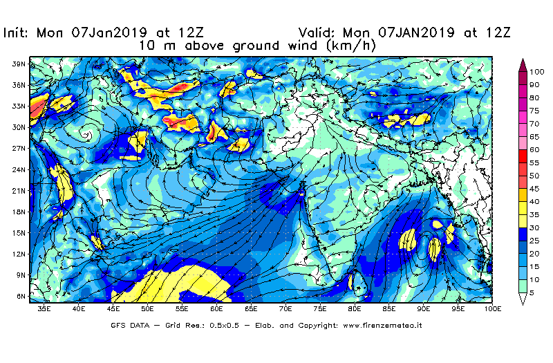 Mappa di analisi GFS - Velocità del vento a 10 metri dal suolo [km/h] in Asia Sud-Occidentale
							del 07/01/2019 12 <!--googleoff: index-->UTC<!--googleon: index-->