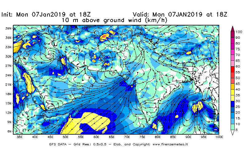 Mappa di analisi GFS - Velocità del vento a 10 metri dal suolo [km/h] in Asia Sud-Occidentale
							del 07/01/2019 18 <!--googleoff: index-->UTC<!--googleon: index-->