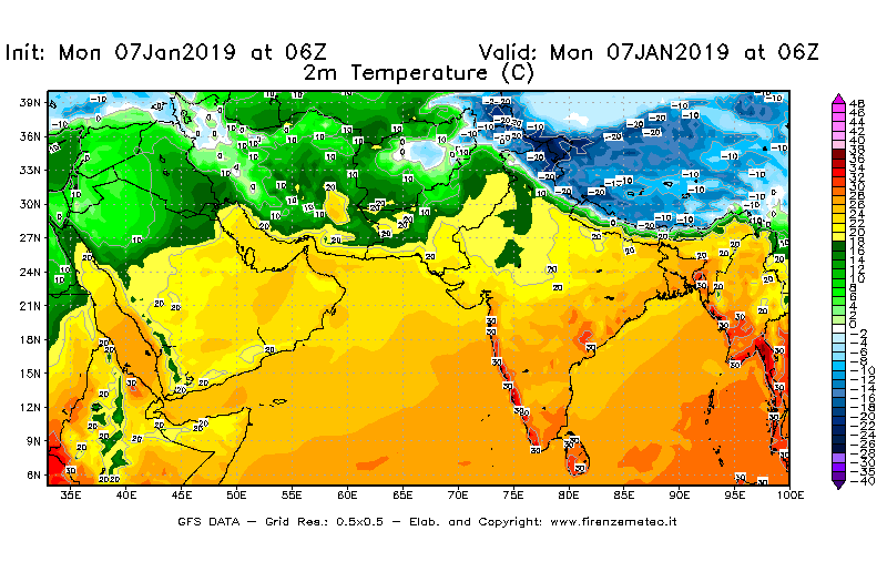 Mappa di analisi GFS - Temperatura a 2 metri dal suolo [°C] in Asia Sud-Occidentale
							del 07/01/2019 06 <!--googleoff: index-->UTC<!--googleon: index-->