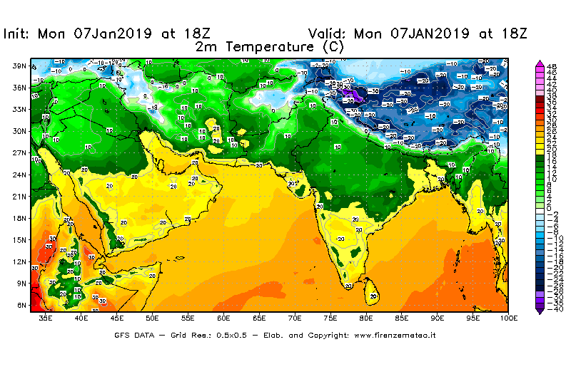 Mappa di analisi GFS - Temperatura a 2 metri dal suolo [°C] in Asia Sud-Occidentale
							del 07/01/2019 18 <!--googleoff: index-->UTC<!--googleon: index-->