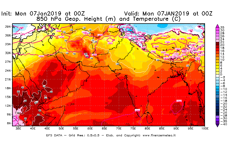 Mappa di analisi GFS - Geopotenziale [m] e Temperatura [°C] a 850 hPa in Asia Sud-Occidentale
							del 07/01/2019 00 <!--googleoff: index-->UTC<!--googleon: index-->