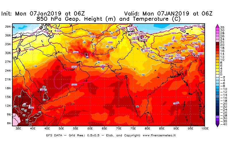 Mappa di analisi GFS - Geopotenziale [m] e Temperatura [°C] a 850 hPa in Asia Sud-Occidentale
							del 07/01/2019 06 <!--googleoff: index-->UTC<!--googleon: index-->