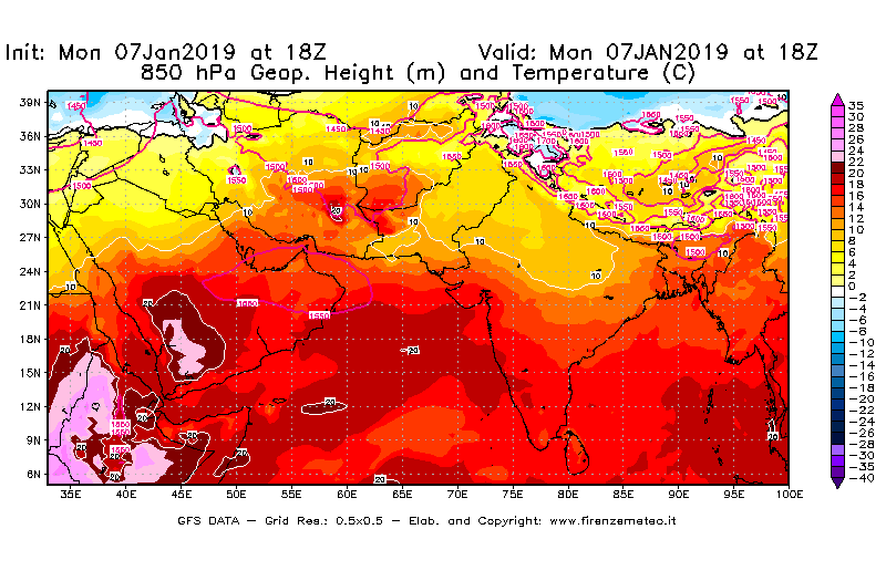 Mappa di analisi GFS - Geopotenziale [m] e Temperatura [°C] a 850 hPa in Asia Sud-Occidentale
							del 07/01/2019 18 <!--googleoff: index-->UTC<!--googleon: index-->