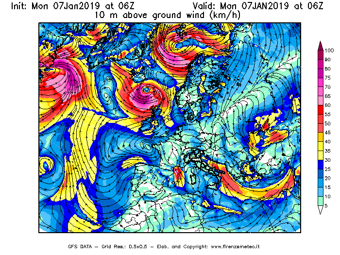 Mappa di analisi GFS - Velocità del vento a 10 metri dal suolo [km/h] in Europa
							del 07/01/2019 06 <!--googleoff: index-->UTC<!--googleon: index-->