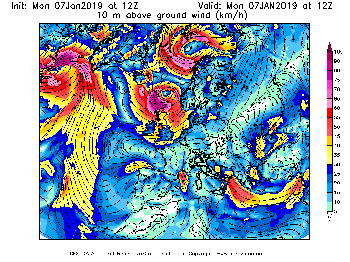 Mappa di analisi GFS - Velocità del vento a 10 metri dal suolo [km/h] in Europa
							del 07/01/2019 12 <!--googleoff: index-->UTC<!--googleon: index-->
