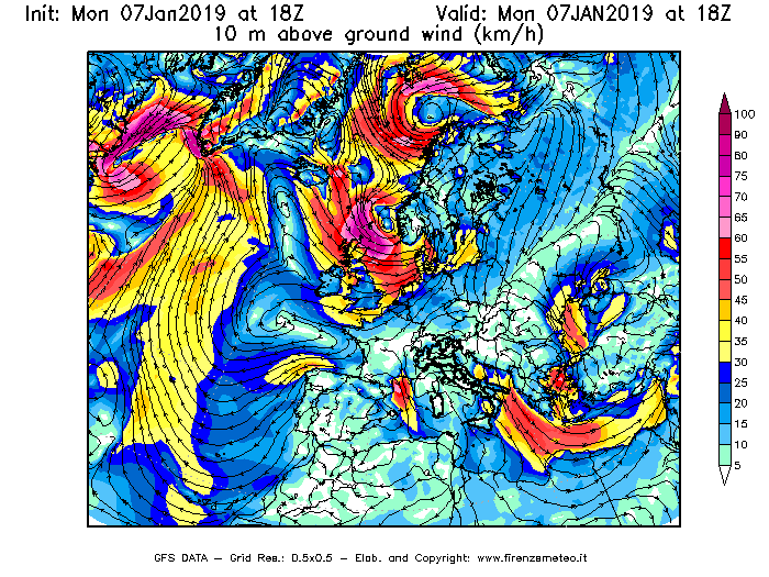 Mappa di analisi GFS - Velocità del vento a 10 metri dal suolo [km/h] in Europa
							del 07/01/2019 18 <!--googleoff: index-->UTC<!--googleon: index-->