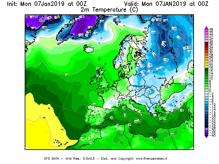 Mappa di analisi GFS - Temperatura a 2 metri dal suolo [°C] in Europa
							del 07/01/2019 00 <!--googleoff: index-->UTC<!--googleon: index-->