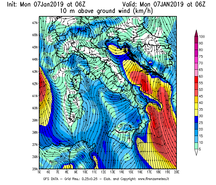 Mappa di analisi GFS - Velocità del vento a 10 metri dal suolo [km/h] in Italia
							del 07/01/2019 06 <!--googleoff: index-->UTC<!--googleon: index-->