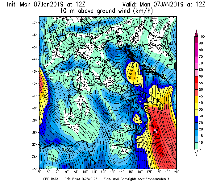 Mappa di analisi GFS - Velocità del vento a 10 metri dal suolo [km/h] in Italia
							del 07/01/2019 12 <!--googleoff: index-->UTC<!--googleon: index-->