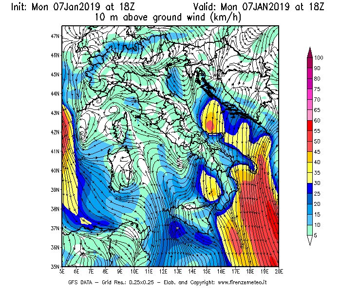 Mappa di analisi GFS - Velocità del vento a 10 metri dal suolo [km/h] in Italia
							del 07/01/2019 18 <!--googleoff: index-->UTC<!--googleon: index-->