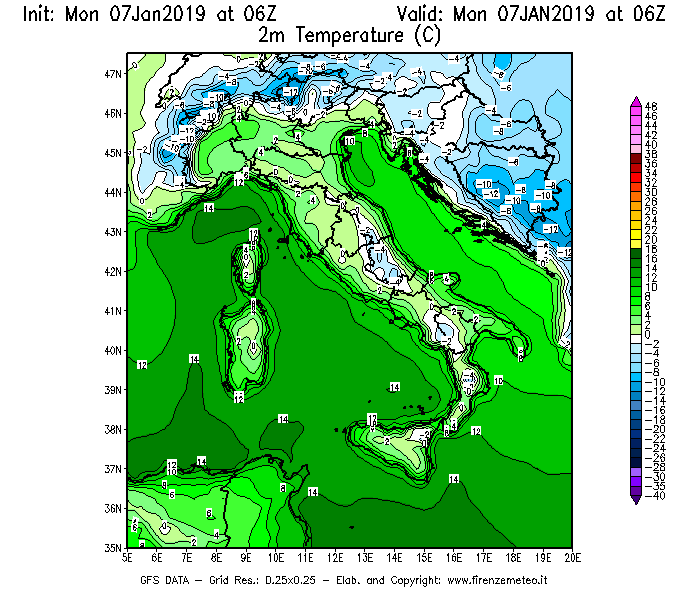 Mappa di analisi GFS - Temperatura a 2 metri dal suolo [°C] in Italia
							del 07/01/2019 06 <!--googleoff: index-->UTC<!--googleon: index-->