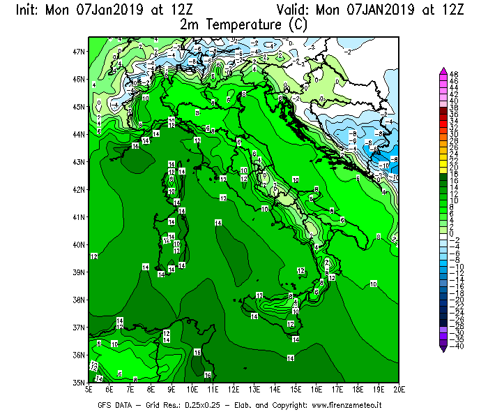 Mappa di analisi GFS - Temperatura a 2 metri dal suolo [°C] in Italia
							del 07/01/2019 12 <!--googleoff: index-->UTC<!--googleon: index-->