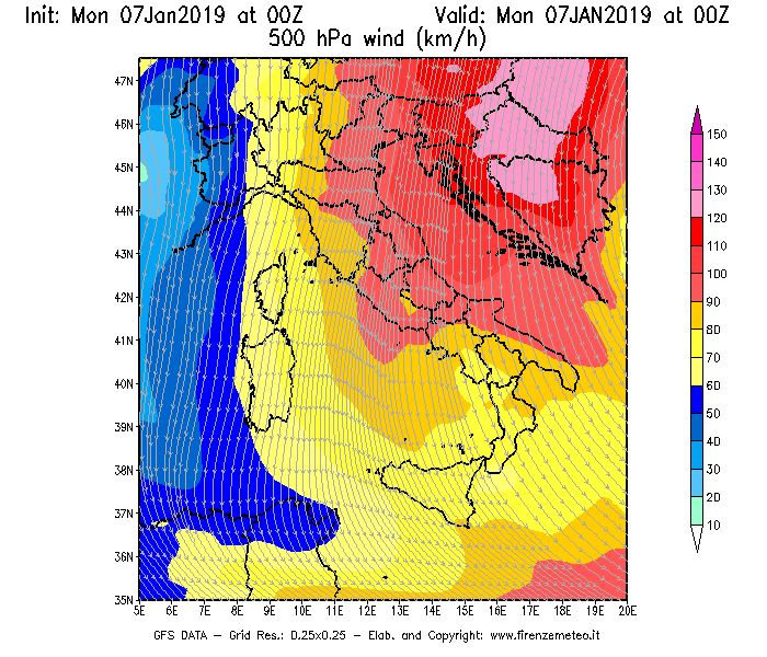 Mappa di analisi GFS - Velocità del vento a 500 hPa [km/h] in Italia
							del 07/01/2019 00 <!--googleoff: index-->UTC<!--googleon: index-->