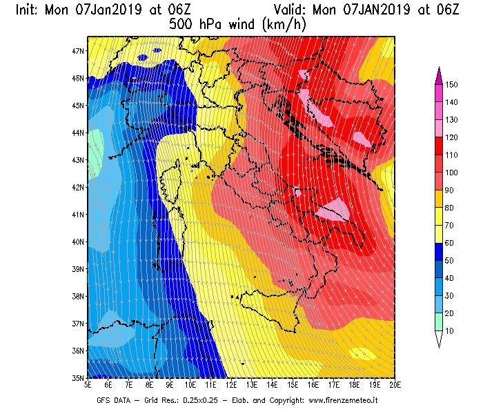 Mappa di analisi GFS - Velocità del vento a 500 hPa [km/h] in Italia
							del 07/01/2019 06 <!--googleoff: index-->UTC<!--googleon: index-->