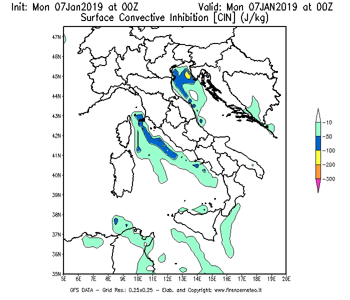 Mappa di analisi GFS - CIN [J/kg] in Italia
							del 07/01/2019 00 <!--googleoff: index-->UTC<!--googleon: index-->