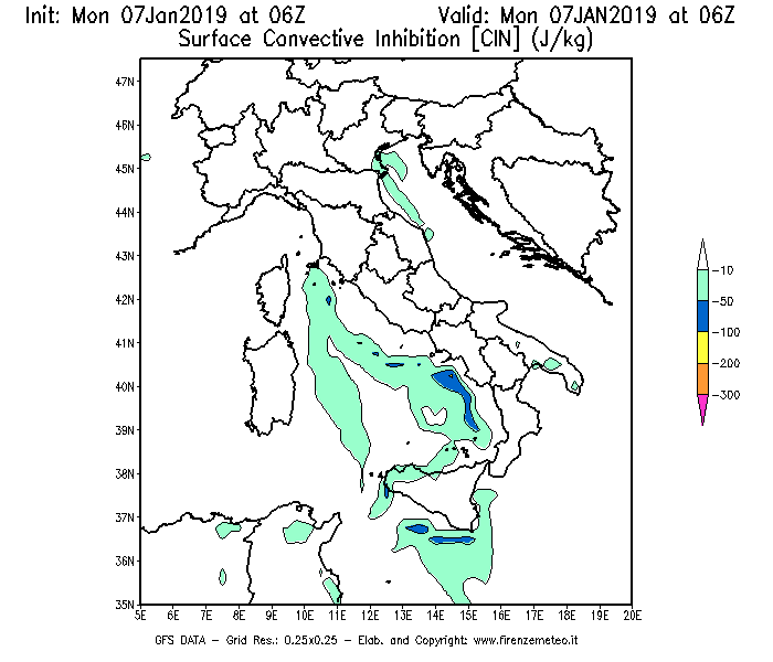 Mappa di analisi GFS - CIN [J/kg] in Italia
							del 07/01/2019 06 <!--googleoff: index-->UTC<!--googleon: index-->
