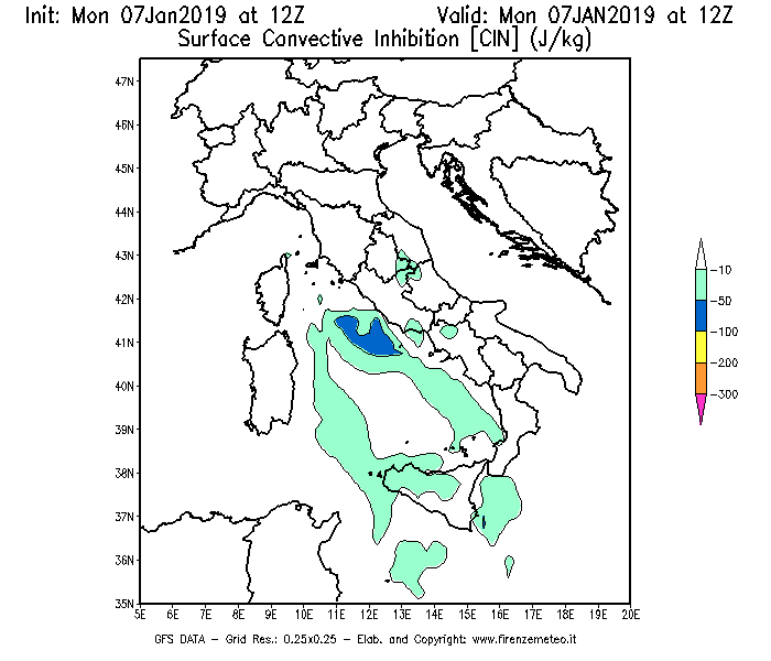 Mappa di analisi GFS - CIN [J/kg] in Italia
							del 07/01/2019 12 <!--googleoff: index-->UTC<!--googleon: index-->
