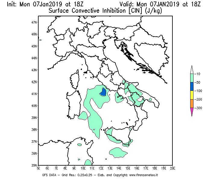 Mappa di analisi GFS - CIN [J/kg] in Italia
							del 07/01/2019 18 <!--googleoff: index-->UTC<!--googleon: index-->