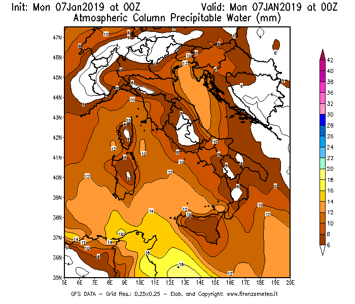 Mappa di analisi GFS - Precipitable Water [mm] in Italia
							del 07/01/2019 00 <!--googleoff: index-->UTC<!--googleon: index-->