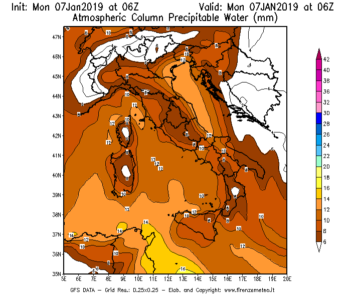 Mappa di analisi GFS - Precipitable Water [mm] in Italia
							del 07/01/2019 06 <!--googleoff: index-->UTC<!--googleon: index-->