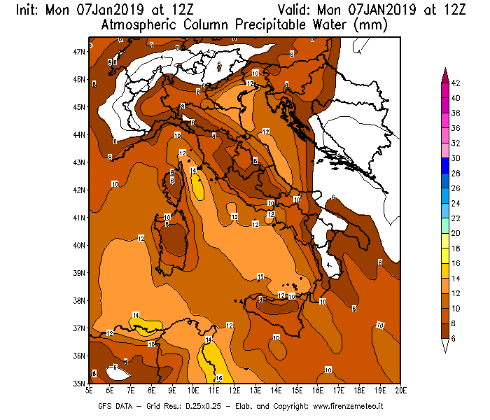 Mappa di analisi GFS - Precipitable Water [mm] in Italia
							del 07/01/2019 12 <!--googleoff: index-->UTC<!--googleon: index-->