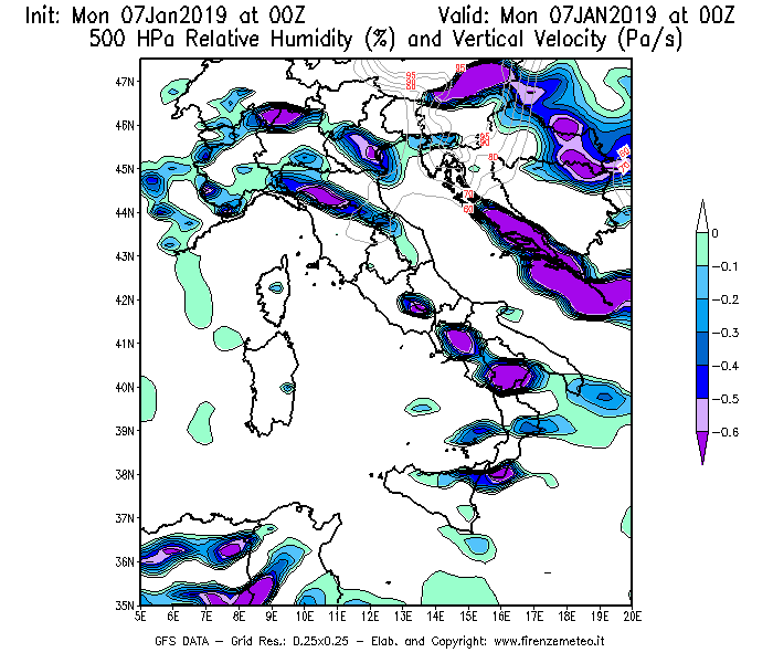Mappa di analisi GFS - Umidità relativa [%] e Omega [Pa/s] a 500 hPa in Italia
							del 07/01/2019 00 <!--googleoff: index-->UTC<!--googleon: index-->