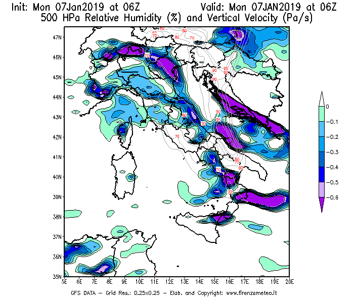 Mappa di analisi GFS - Umidità relativa [%] e Omega [Pa/s] a 500 hPa in Italia
							del 07/01/2019 06 <!--googleoff: index-->UTC<!--googleon: index-->