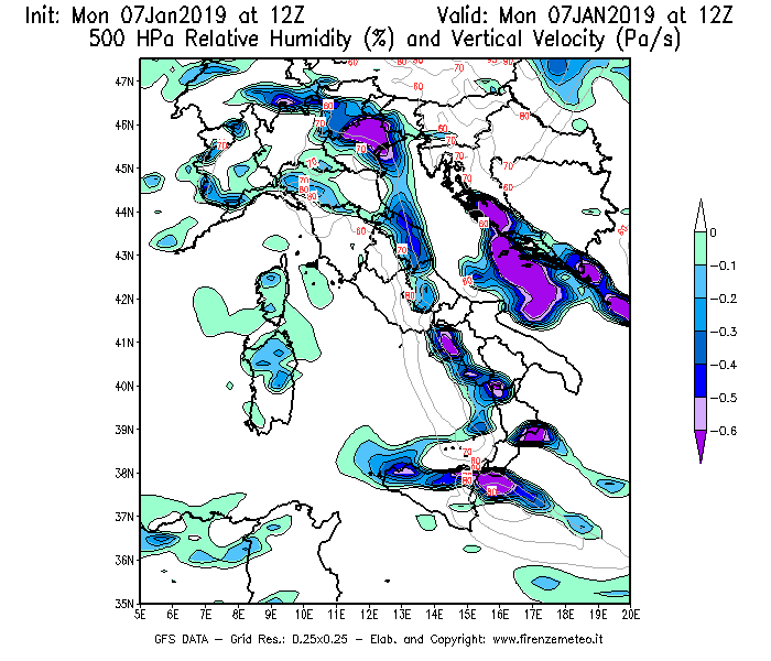 Mappa di analisi GFS - Umidità relativa [%] e Omega [Pa/s] a 500 hPa in Italia
							del 07/01/2019 12 <!--googleoff: index-->UTC<!--googleon: index-->