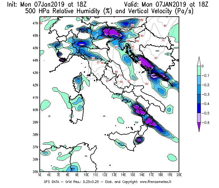 Mappa di analisi GFS - Umidità relativa [%] e Omega [Pa/s] a 500 hPa in Italia
							del 07/01/2019 18 <!--googleoff: index-->UTC<!--googleon: index-->