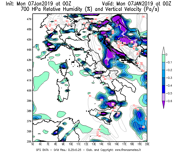 Mappa di analisi GFS - Umidità relativa [%] e Omega [Pa/s] a 700 hPa in Italia
							del 07/01/2019 00 <!--googleoff: index-->UTC<!--googleon: index-->