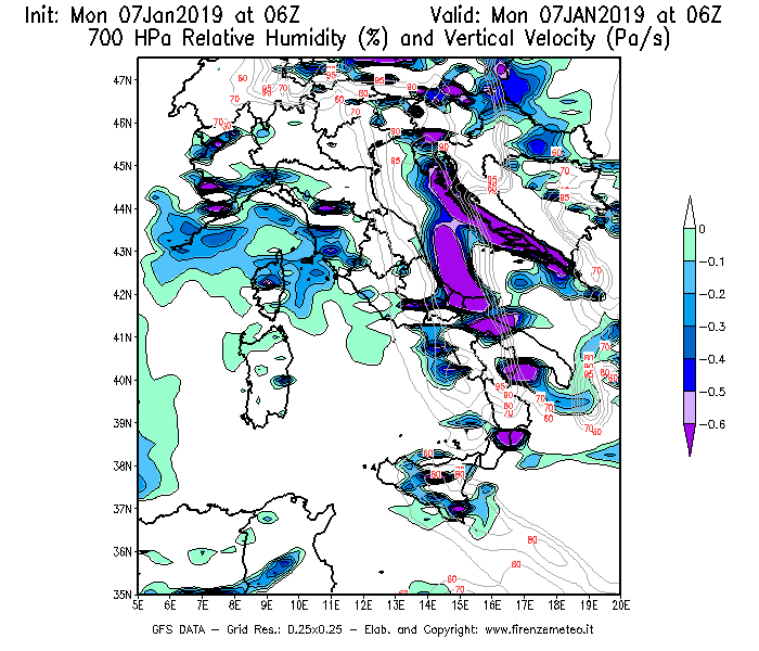 Mappa di analisi GFS - Umidità relativa [%] e Omega [Pa/s] a 700 hPa in Italia
							del 07/01/2019 06 <!--googleoff: index-->UTC<!--googleon: index-->
