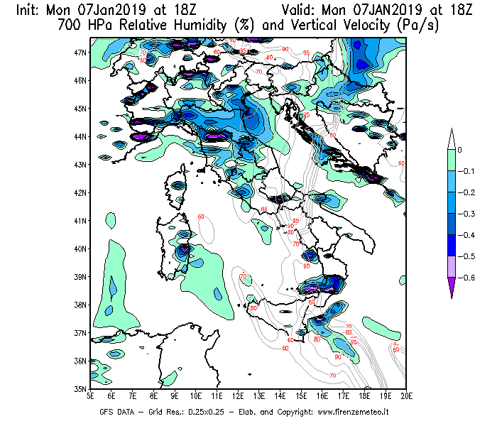 Mappa di analisi GFS - Umidità relativa [%] e Omega [Pa/s] a 700 hPa in Italia
							del 07/01/2019 18 <!--googleoff: index-->UTC<!--googleon: index-->